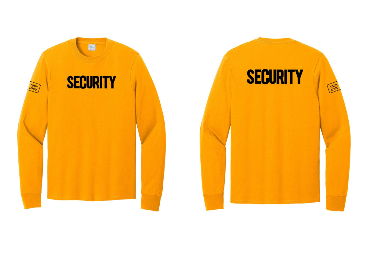 NYC Factory Men's Custom Logo Security Cotton Long Sleeve T-Shirt - Front + Back + Your Logo Sleeve - Gold