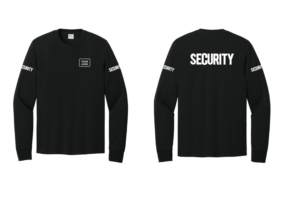 NYC Factory Men's Custom Logo Security Cotton Long Sleeve T-Shirt - Your Logo + Back + Security Sleeves - Black