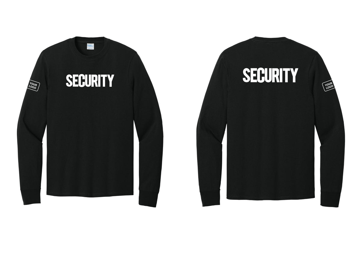 NYC Factory Men's Custom Logo Security Cotton Long Sleeve T-Shirt - Front + Back + Your Logo Sleeve - Black