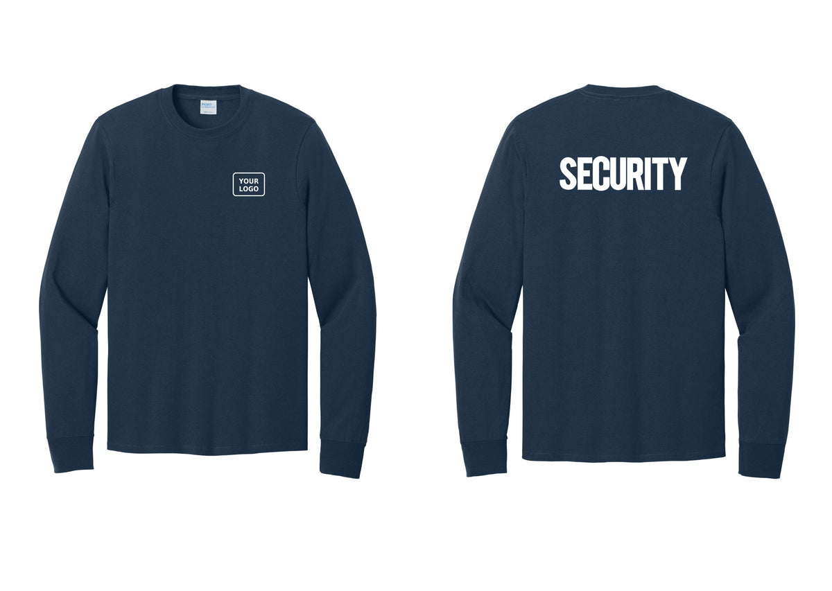 NYC Factory Men's Custom Logo Security Cotton Long Sleeve T-Shirt - Your Logo + Back - Navy