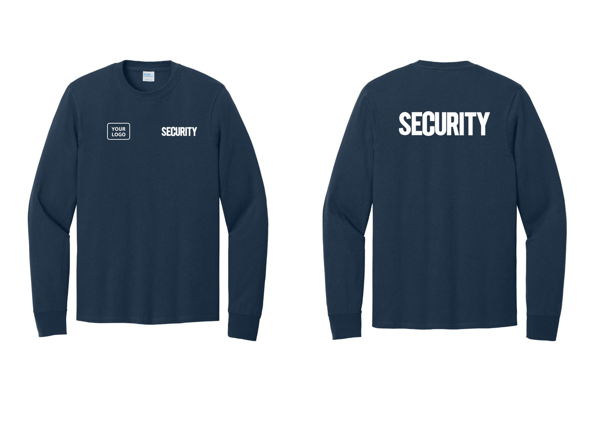 NYC Factory Men's Custom Logo Security Cotton Long Sleeve T-Shirt - SECURITY + Your Logo + Back - Navy
