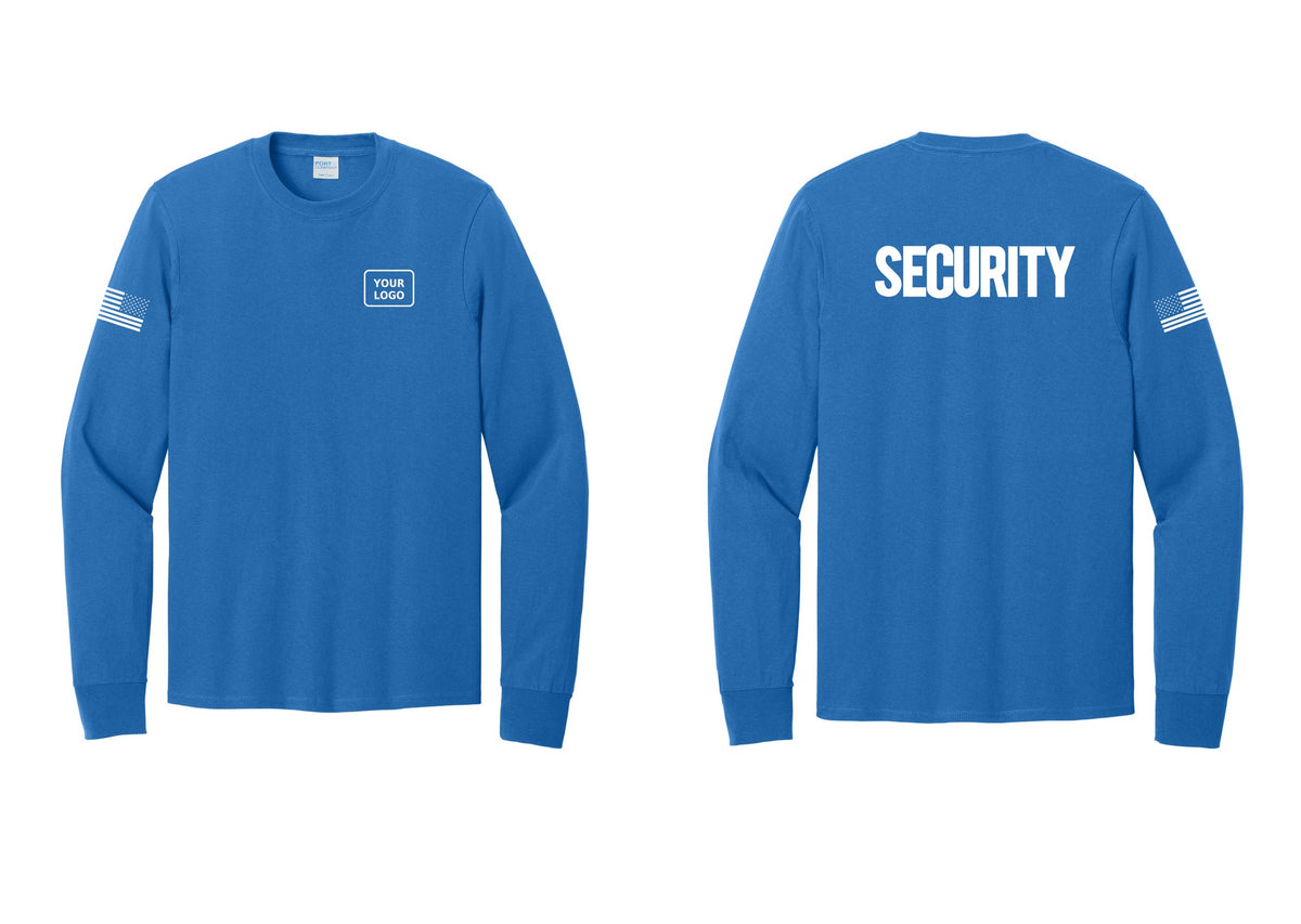 NYC Factory Men's Custom Logo Security Cotton Long Sleeve T-Shirt - Your Logo + Back + US Flag Sleeve - Royal