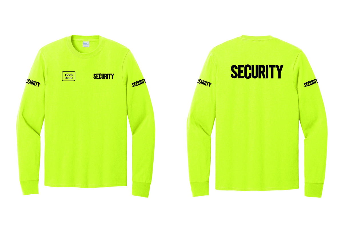 NYC Factory Men's Custom Logo Security Cotton Long Sleeve T-Shirt - SECURITY + Your Logo + Back + Security Sleeves - Safety Green