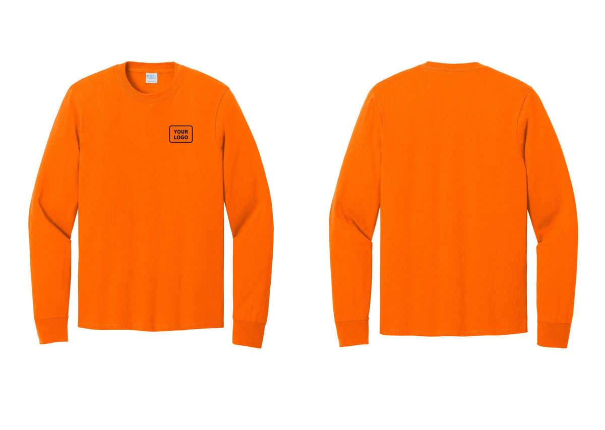 NYC Factory Men's Custom Logo Security Cotton Long Sleeve T-Shirt - Your Logo Only - Safety Orange