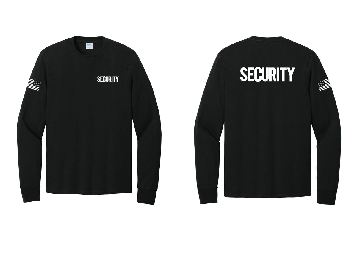NYC Factory Men's Security Cotton Long Sleeve T-Shirt - Chest + Back + US Flag Sleeve - Black