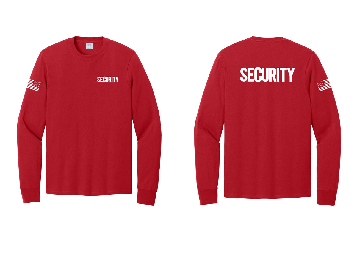 NYC Factory Men's Security Cotton Long Sleeve T-Shirt - Chest + Back + US Flag Sleeve - Red