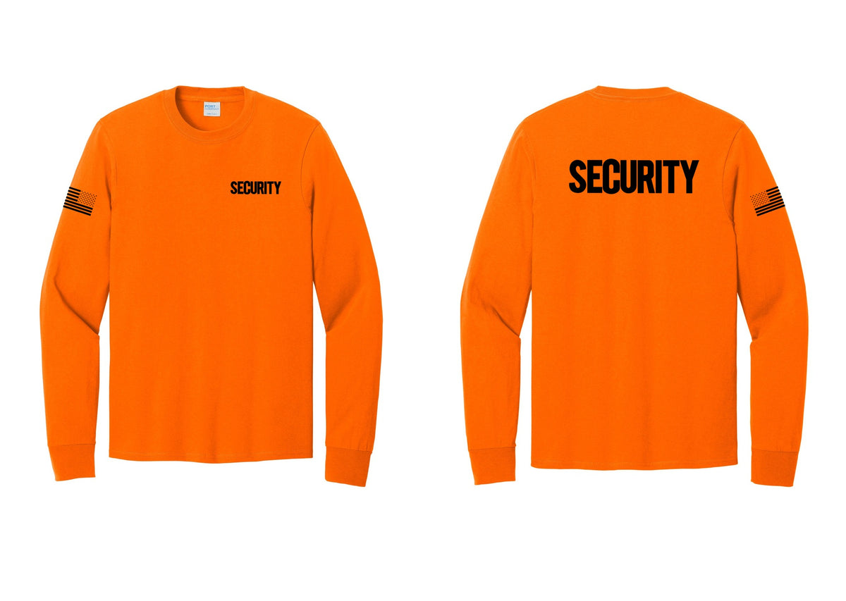 NYC Factory Men's Security Cotton Long Sleeve T-Shirt - Chest + Back + US Flag Sleeve - Safety Orange