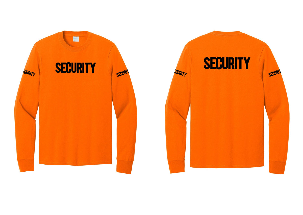 NYC Factory Men's Security Cotton Long Sleeve T-Shirt - Front + Back + Security Sleeves - Safety Orange