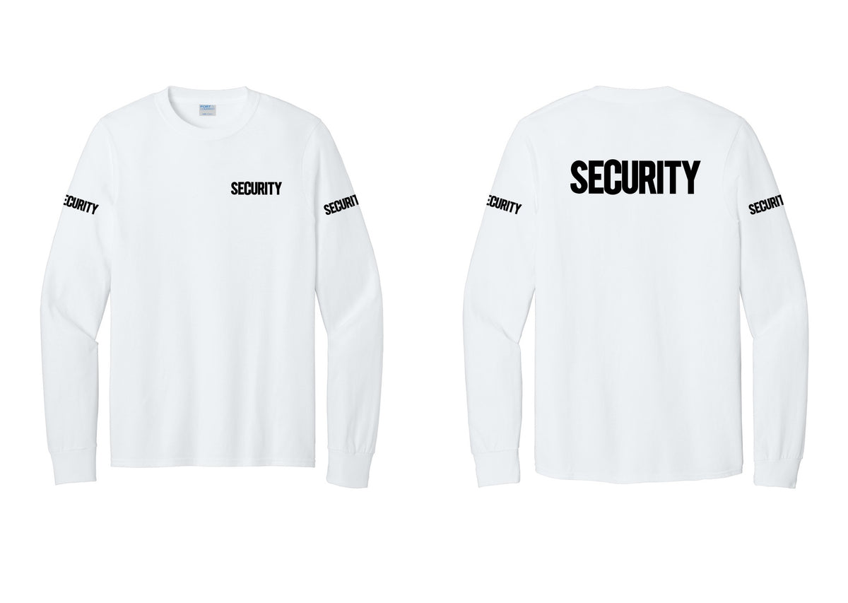 NYC Factory Men's Security Cotton Long Sleeve T-Shirt - Chest + Back + Security Sleeves - White