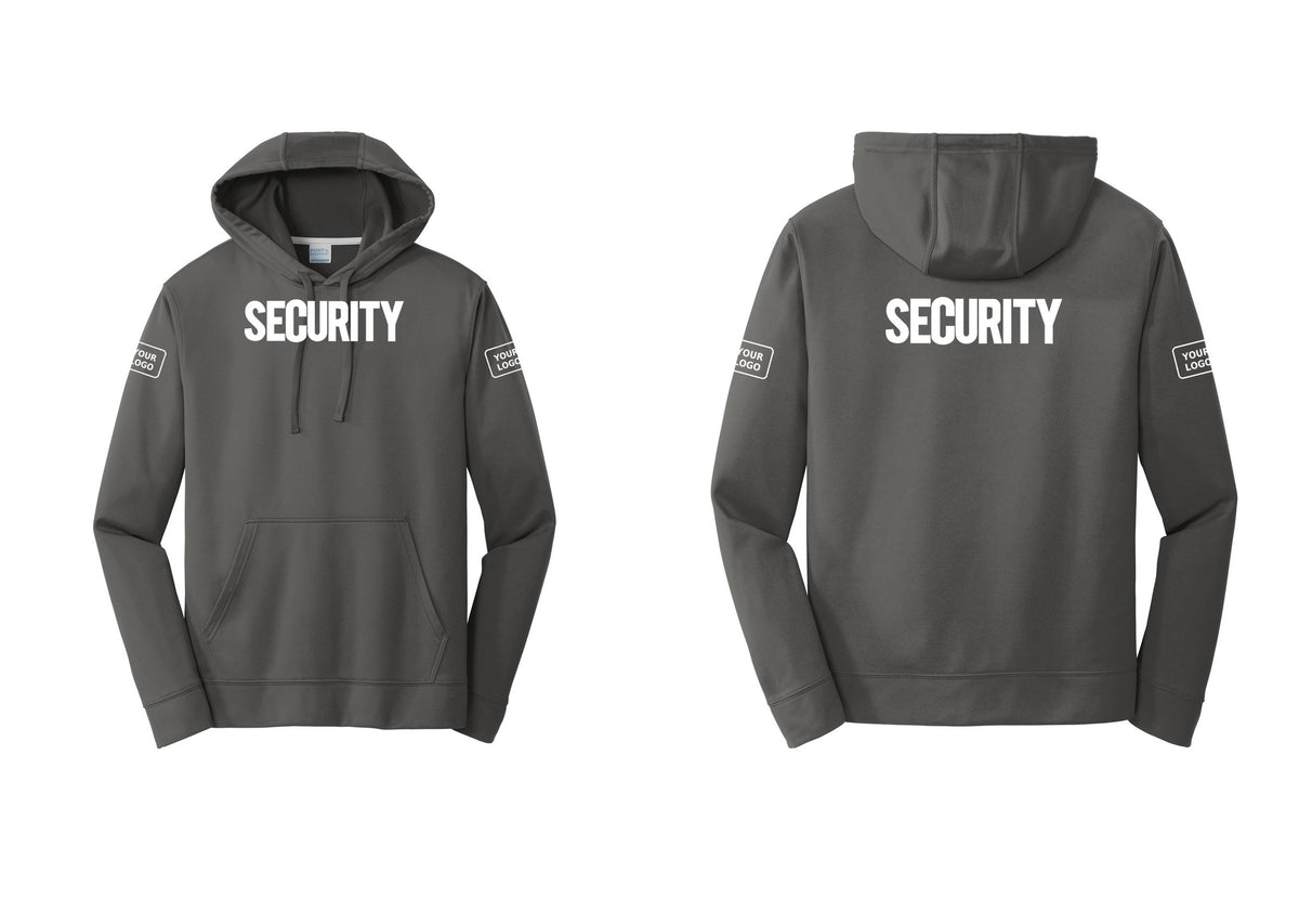 NYC Factory Men's Custom Logo Security Performance Fleece Hooded Sweatshirt - Front + Back + Your Logo Sleeves - Charcoal