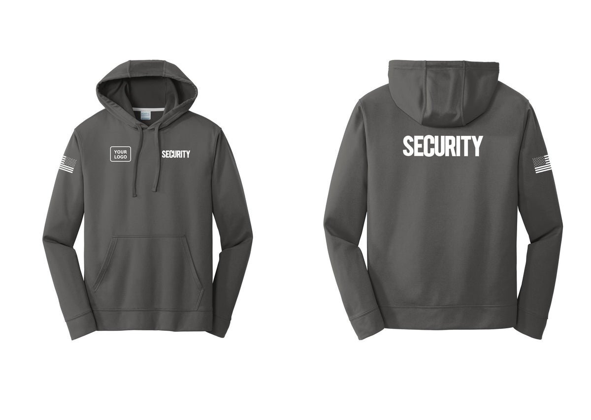NYC Factory Men's Custom Logo Security Performance Fleece Hooded Sweatshirt - SECURITY + Your Logo + Back + US Flag Sleeve - Charcoal