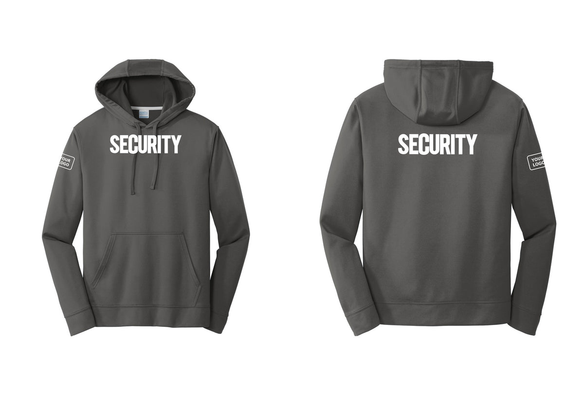 NYC Factory Men's Custom Logo Security Performance Fleece Hooded Sweatshirt - Front + Back + Your Logo Sleeve - Charcoal