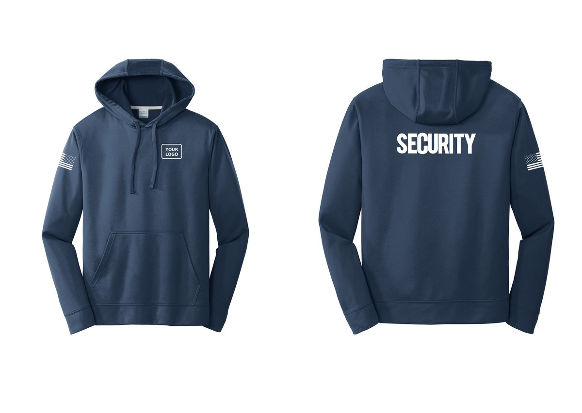 NYC Factory Men's Custom Logo Security Performance Fleece Hooded Sweatshirt - Your Logo + Back + US Flag Sleeve - Navy