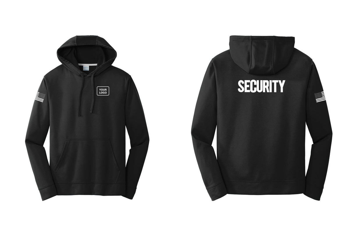 NYC Factory Men's Custom Logo Security Performance Fleece Hooded Sweatshirt - Your Logo + Back + US Flag Sleeve - Black