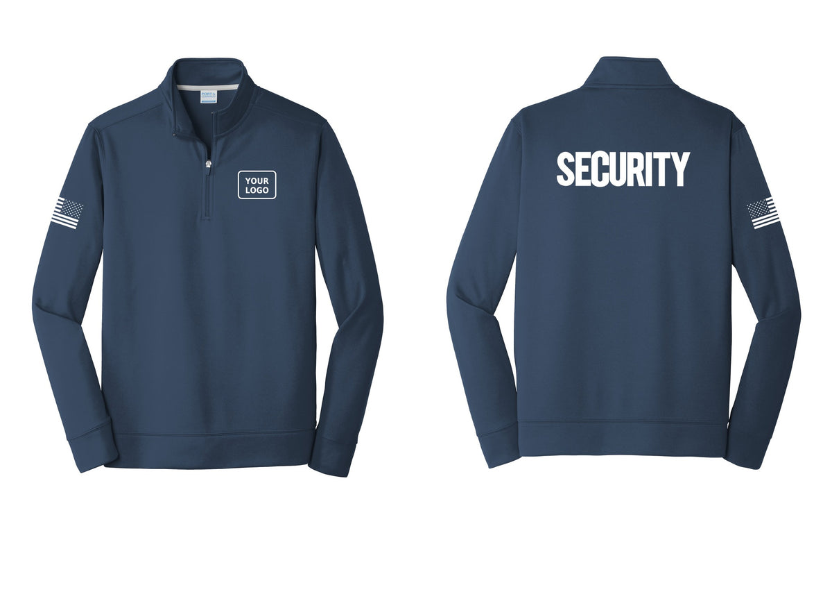 NYC Factory Men's Custom Logo Security Performance Fleece 1/4-Zip Pullover Sweatshirt - Your Logo + Back + US Flag Sleeve - Navy