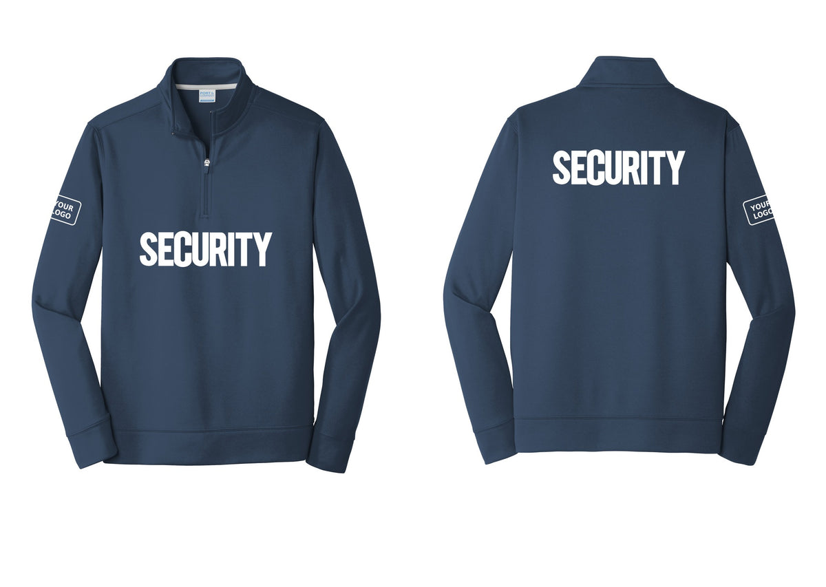 NYC Factory Men's Custom Logo Security Performance Fleece 1/4-Zip Pullover Sweatshirt - Front + Back + Your Logo Sleeve - Navy