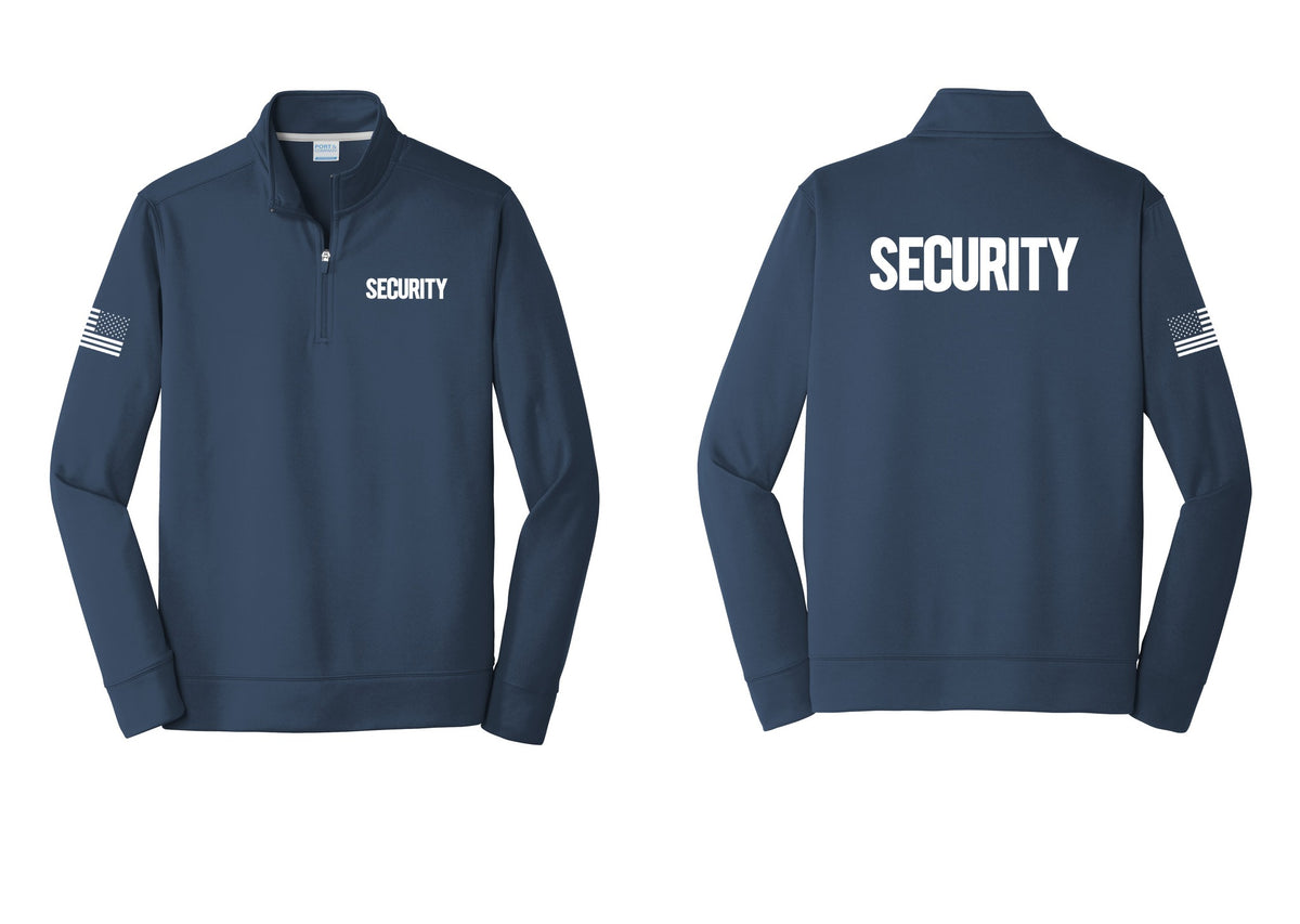 NYC Factory Men's Security Performance Fleece 1/4-Zip Pullover Sweatshirt - Chest + Back + US Flag Sleeve - Navy