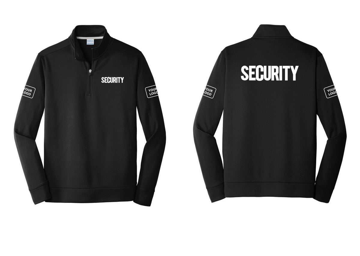 NYC Factory Men's Custom Logo Security Performance Fleece 1/4-Zip Pullover Sweatshirt - Chest + Back + Your Logo Sleeves - Black