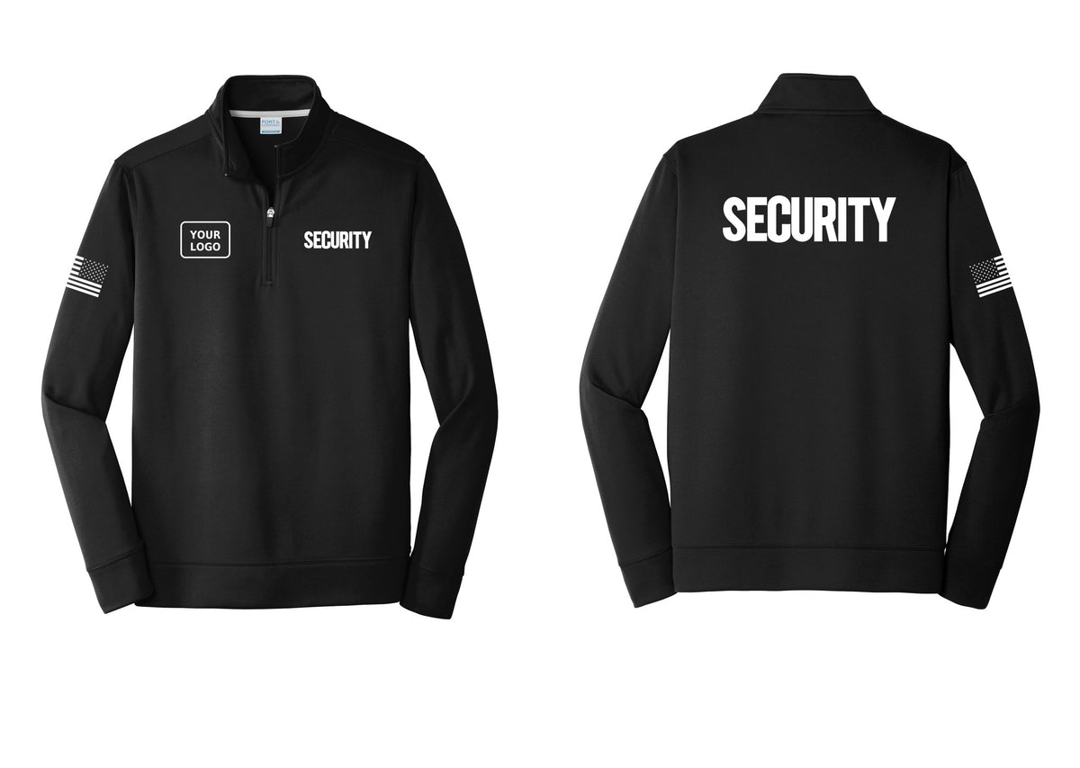 NYC Factory Men's Custom Logo Security Performance Fleece 1/4-Zip Pullover Sweatshirt - SECURITY + Your Logo + Back + US Flag Sleeve - Black