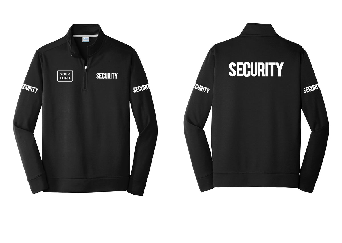 NYC Factory Men's Custom Logo Security Performance Fleece 1/4-Zip Pullover Sweatshirt - SECURITY + Your Logo + Back + Security Sleeves - Black