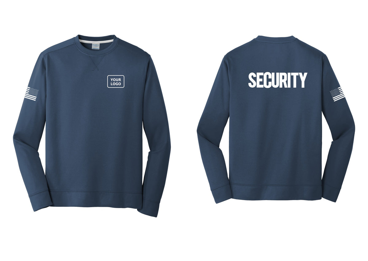 NYC Factory Men's Custom Logo Security Performance Fleece Crewneck Sweatshirt - Your Logo + Back + US Flag Sleeve - Navy