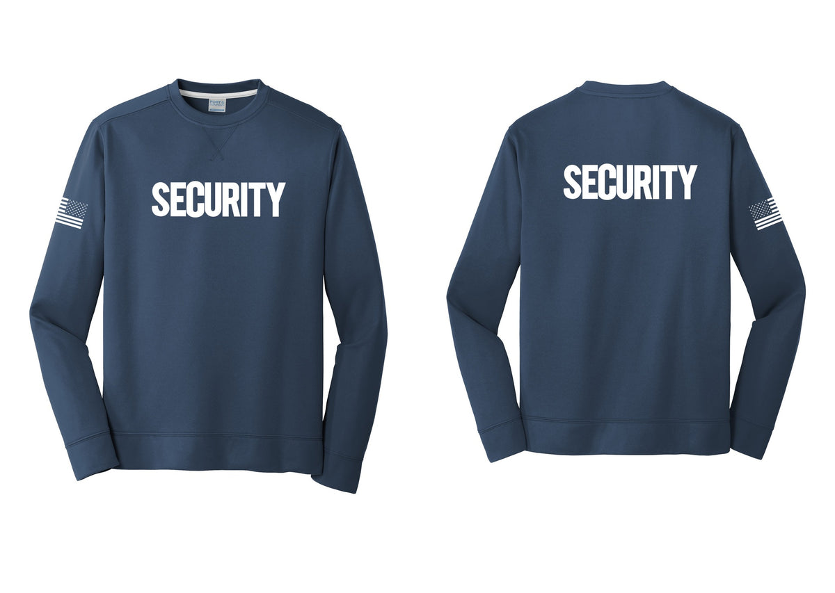 NYC Factory Men's Security Performance Fleece Crewneck Sweatshirt - Front + Back + US Flag Sleeve - Navy