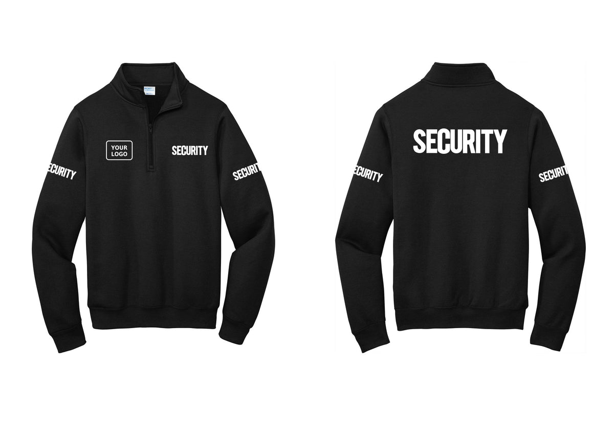 NYC Factory Men's Custom Logo Security Cotton Fleece 1/4-Zip Pullover Sweatshirt - SECURITY + Your Logo + Back + Security Sleeves - Black