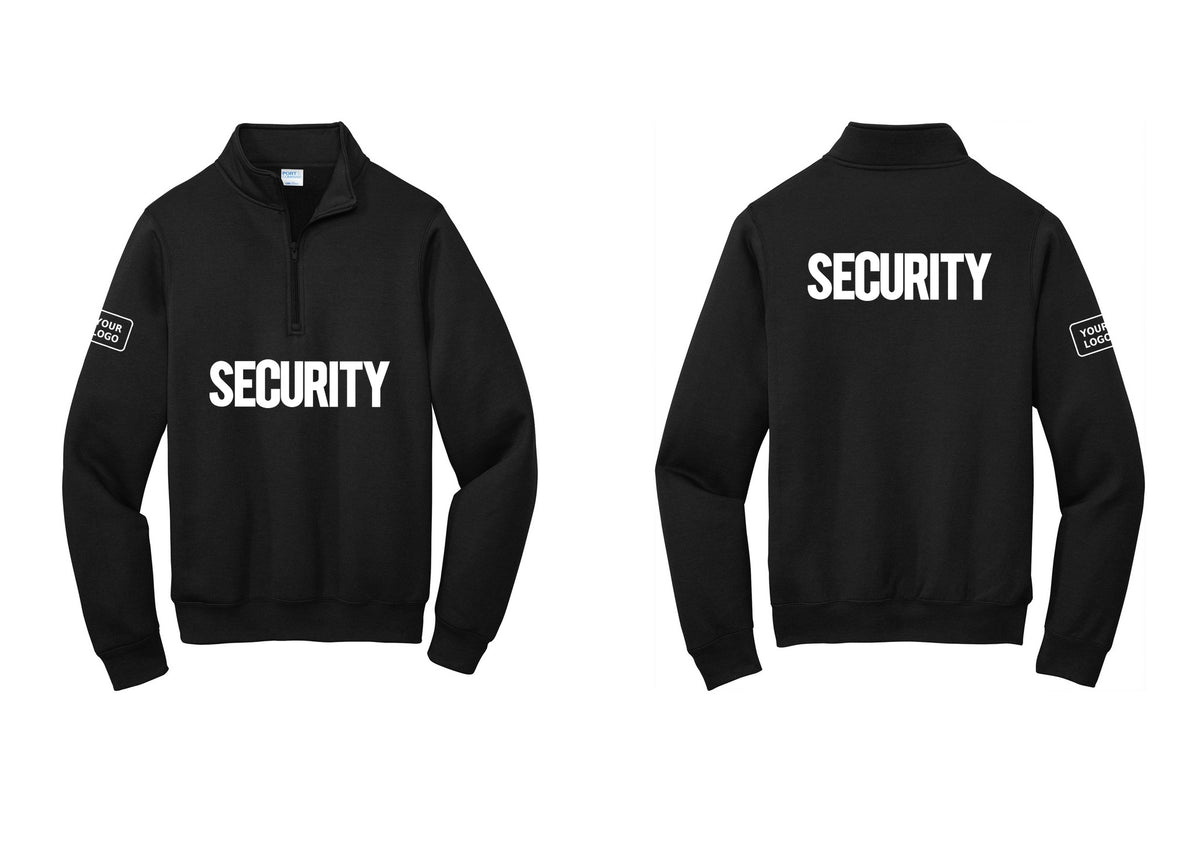 NYC Factory Men's Custom Logo Security Cotton Fleece 1/4-Zip Pullover Sweatshirt - Front + Back + Your Logo Sleeve - Black