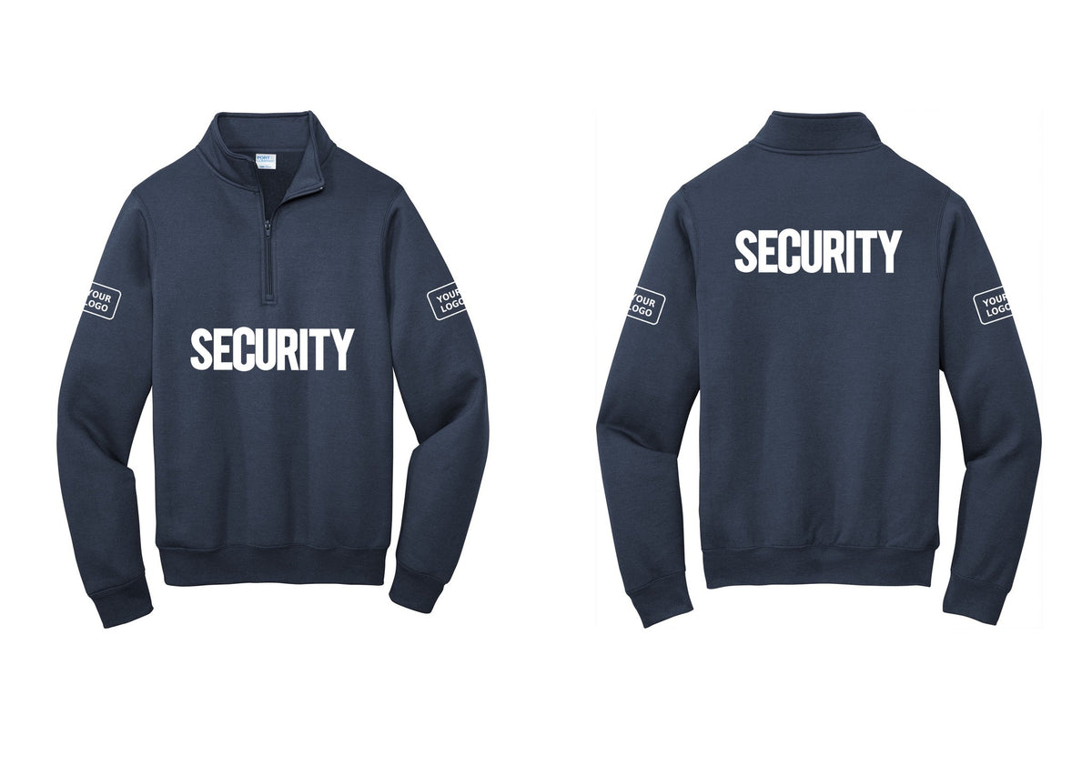 NYC Factory Men's Custom Logo Security Cotton Fleece 1/4-Zip Pullover Sweatshirt - Front + Back + Your Logo Sleeves - Navy
