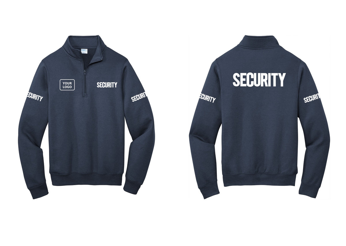 NYC Factory Men's Custom Logo Security Cotton Fleece 1/4-Zip Pullover Sweatshirt - SECURITY + Your Logo + Back + Security Sleeves - Navy