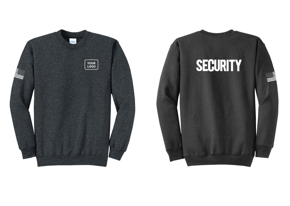 NYC Factory Men's Custom Logo Security Cotton Fleece Crewneck Sweatshirt - Your Logo + Back + US Flag Sleeve - Dark Heather Grey