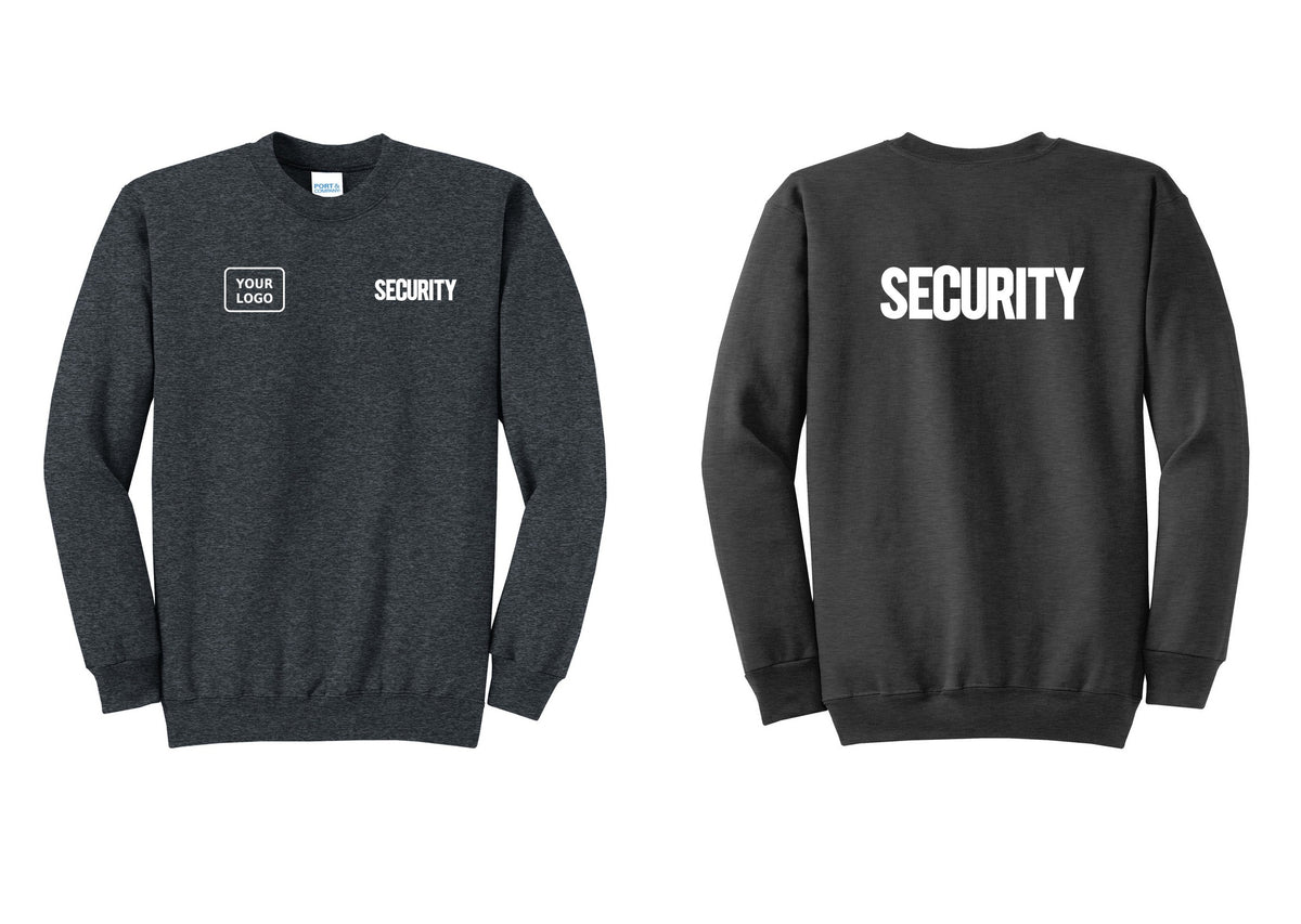 NYC Factory Men's Custom Logo Security Cotton Fleece Crewneck Sweatshirt - SECURITY + Your Logo + Back - Dark Heather Grey