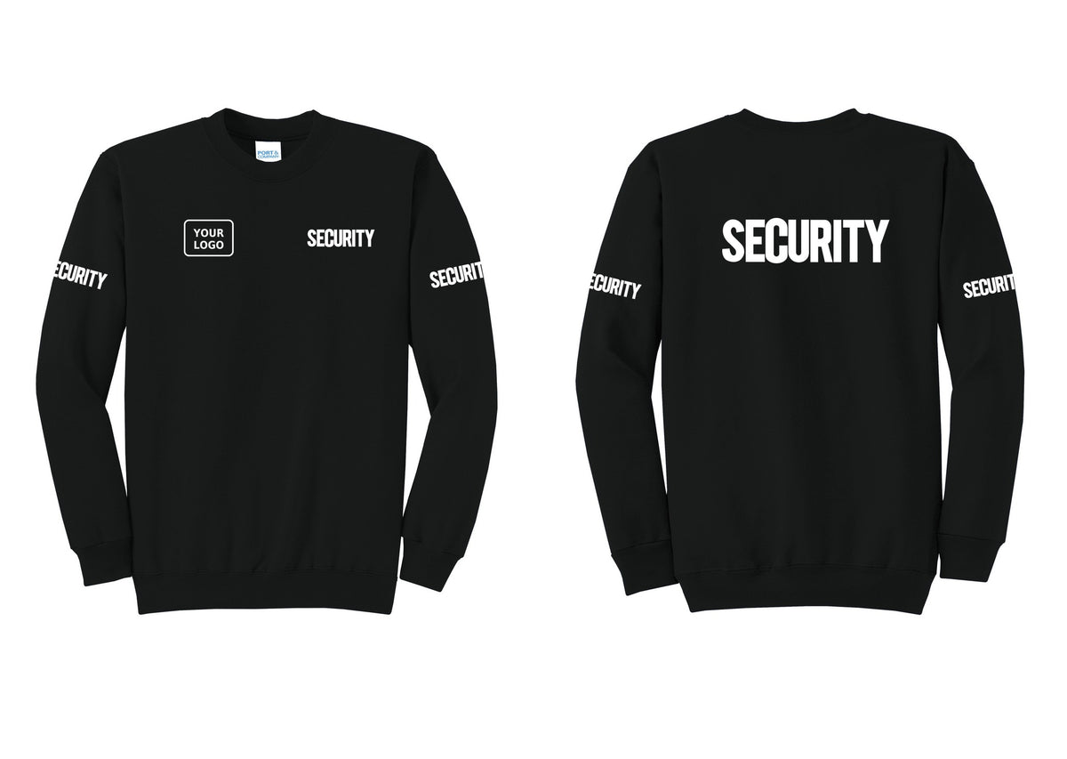 NYC Factory Men's Custom Logo Security Cotton Fleece Crewneck Sweatshirt - SECURITY + Your Logo + Back + Security Sleeves - Black