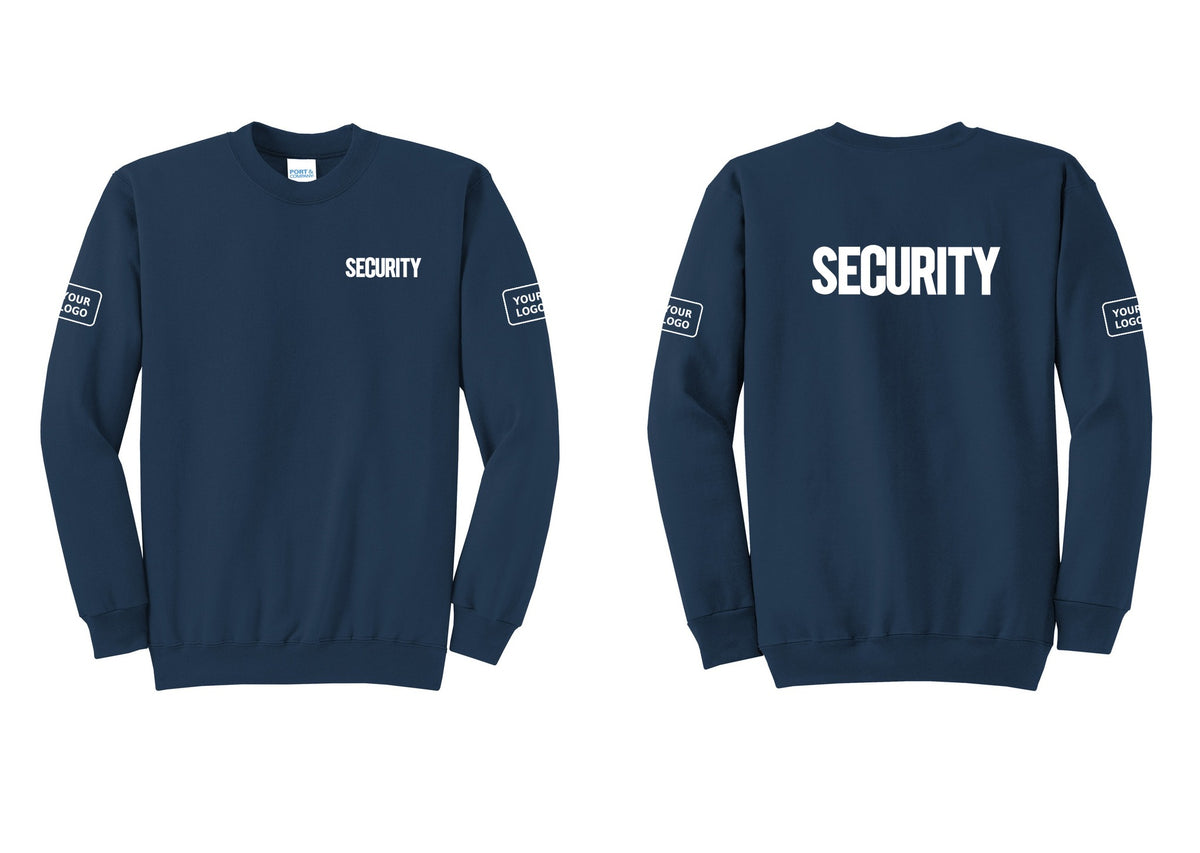 NYC Factory Men's Custom Logo Security Cotton Fleece Crewneck Sweatshirt - Chest + Back + Your Logo Sleeves - Navy