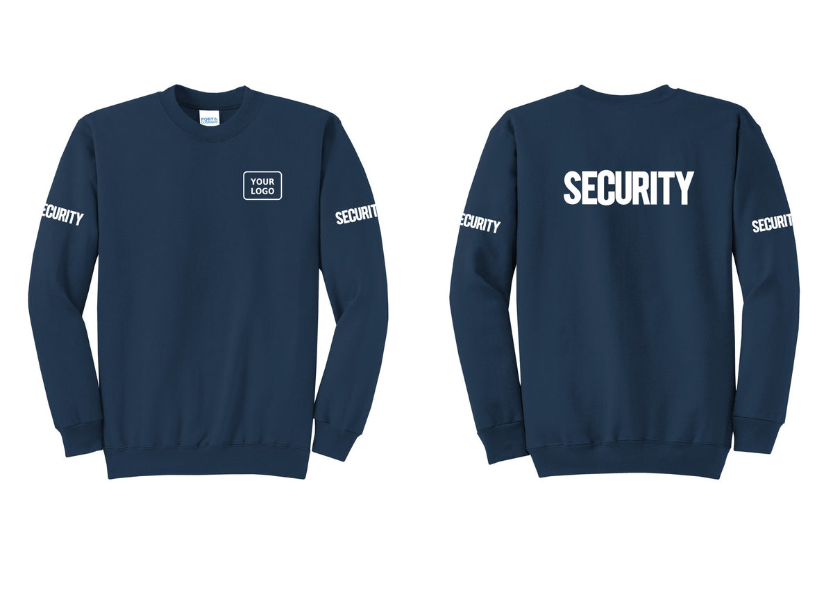 NYC Factory Men's Custom Logo Security Cotton Fleece Crewneck Sweatshirt - Your Logo + Back + Security Sleeves - Navy