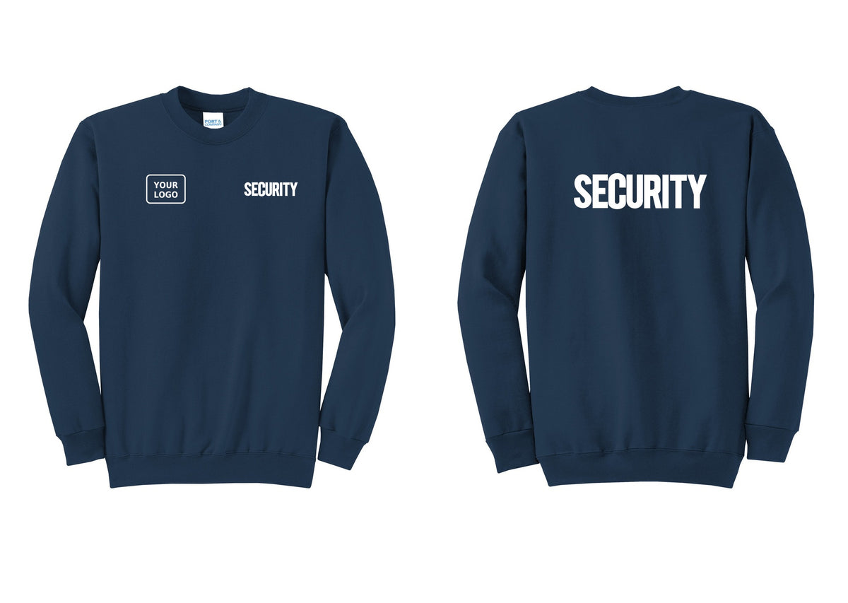 NYC Factory Men's Custom Logo Security Cotton Fleece Crewneck Sweatshirt - SECURITY + Your Logo + Back - Navy