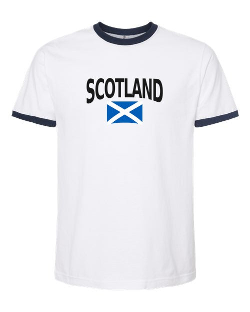 Scotland Soccer Ringer Tee 2026 — Classic Name & Flag | NYC Factory - white_navy