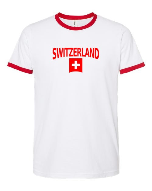 Switzerland Soccer Ringer Tee 2026 — Classic Name & Flag | NYC Factory - white_red