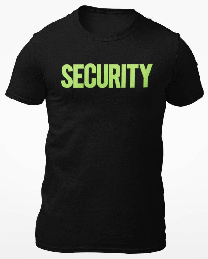 Security T-Shirt Front Back Print Men's Tee (Solid Design, Black / Neon)