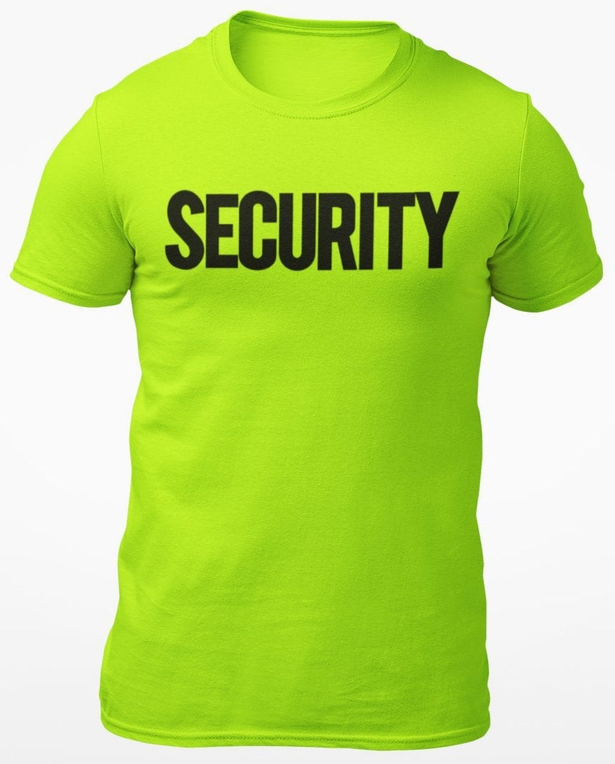Security T-Shirt Front Back Print Men's Tee (Solid Design, Neon Safety Green / Black)