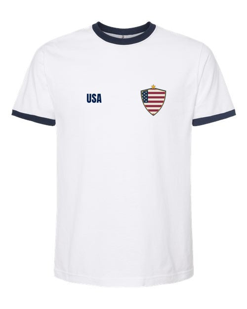 United States Soccer Ringer Tee 2026 — Retro National Crest | NYC Factory