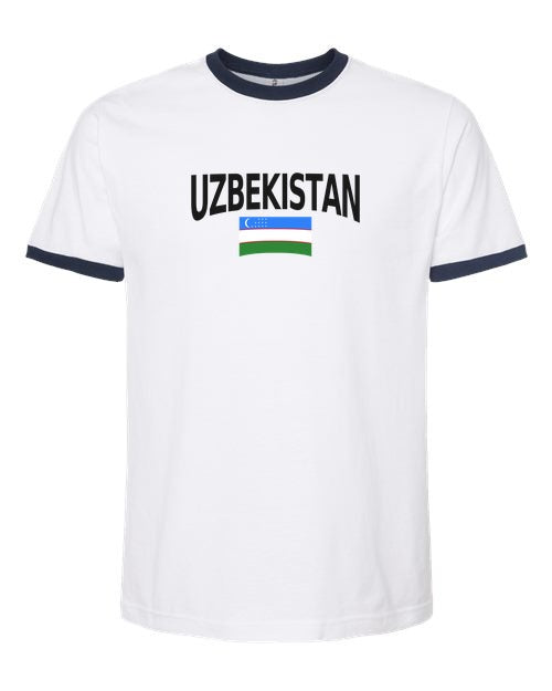 Uzbekistan Soccer Ringer Tee 2026 — Classic Name & Flag | NYC Factory - white_navy