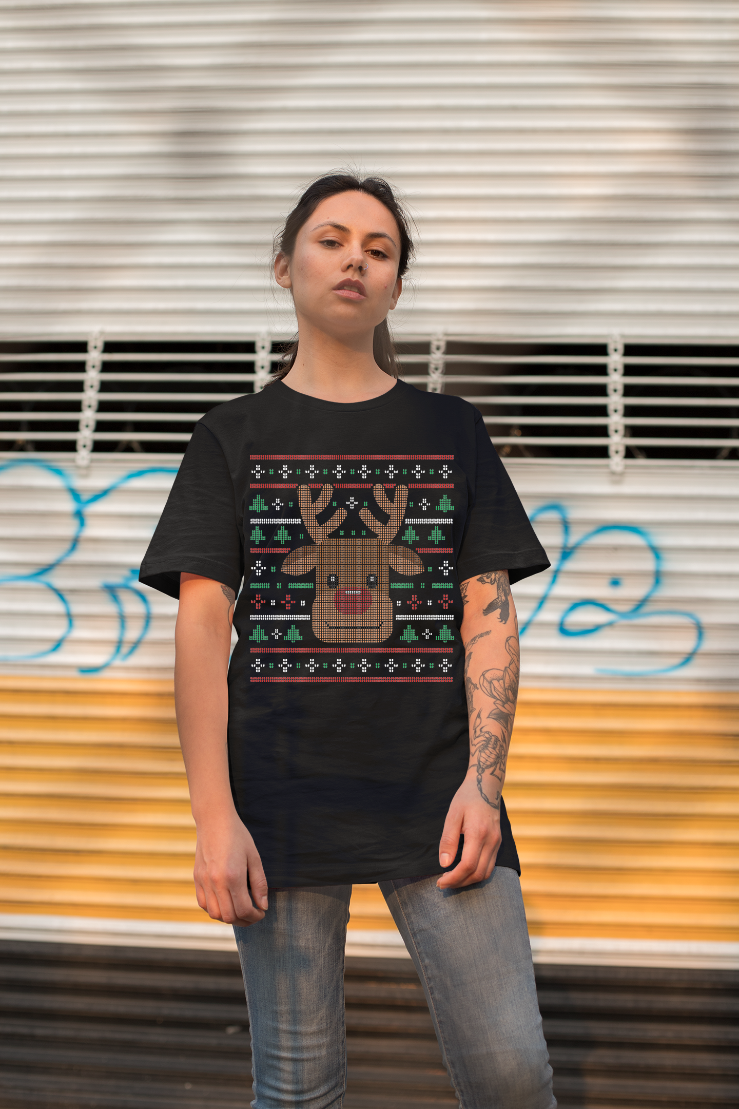 Ugly Xmas Reindeer Design Custom T-Shirt Black