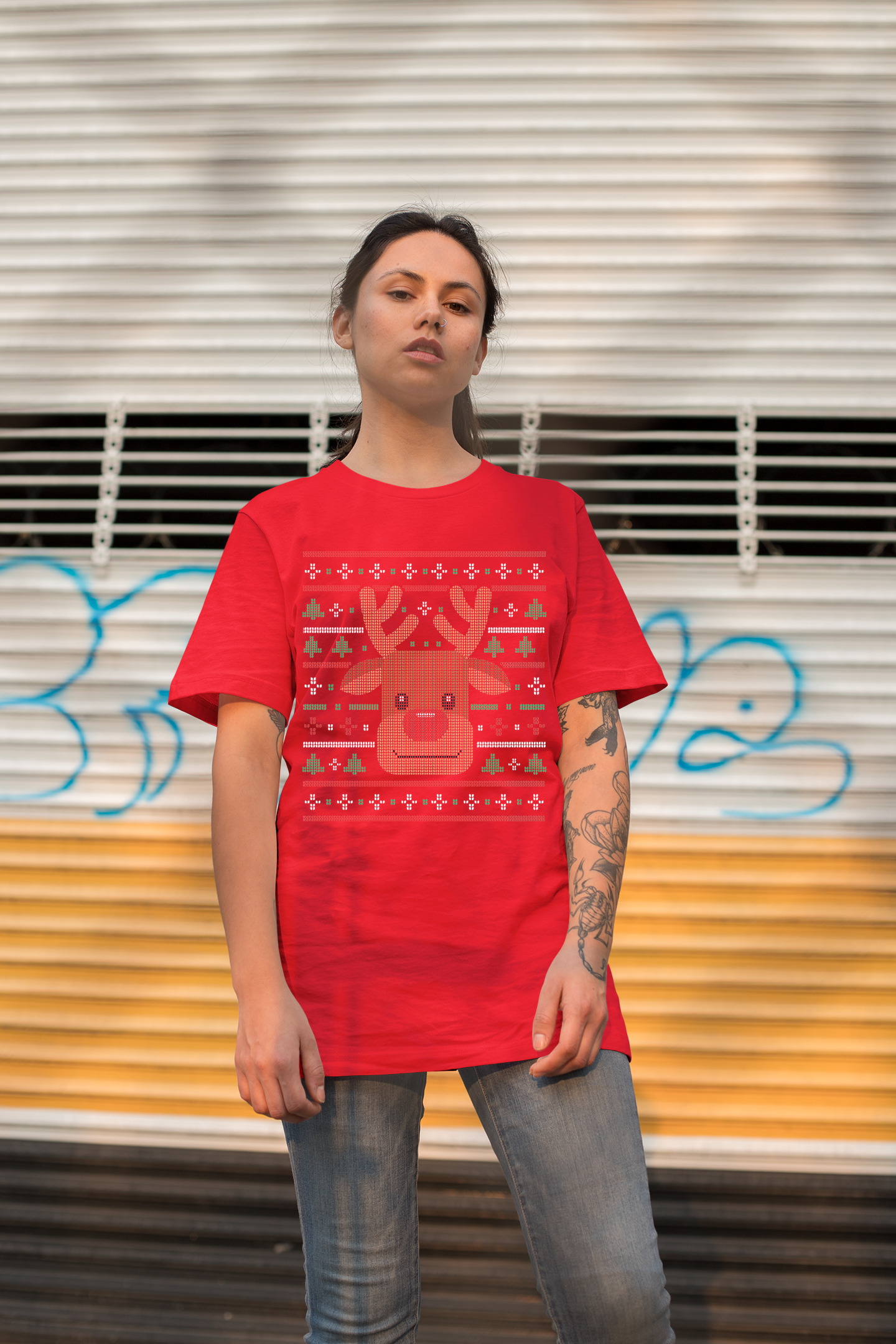 Ugly Xmas Reindeer Design Custom T-Shirt Red
