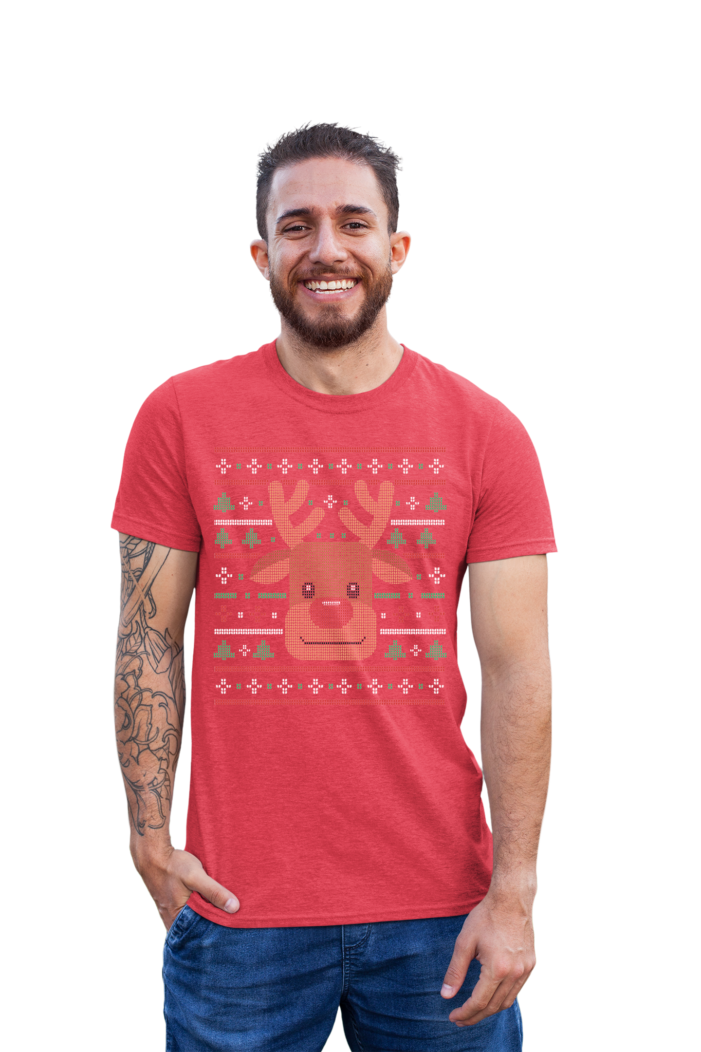 Ugly Xmas Reindeer Design Custom T-Shirt Red Heather