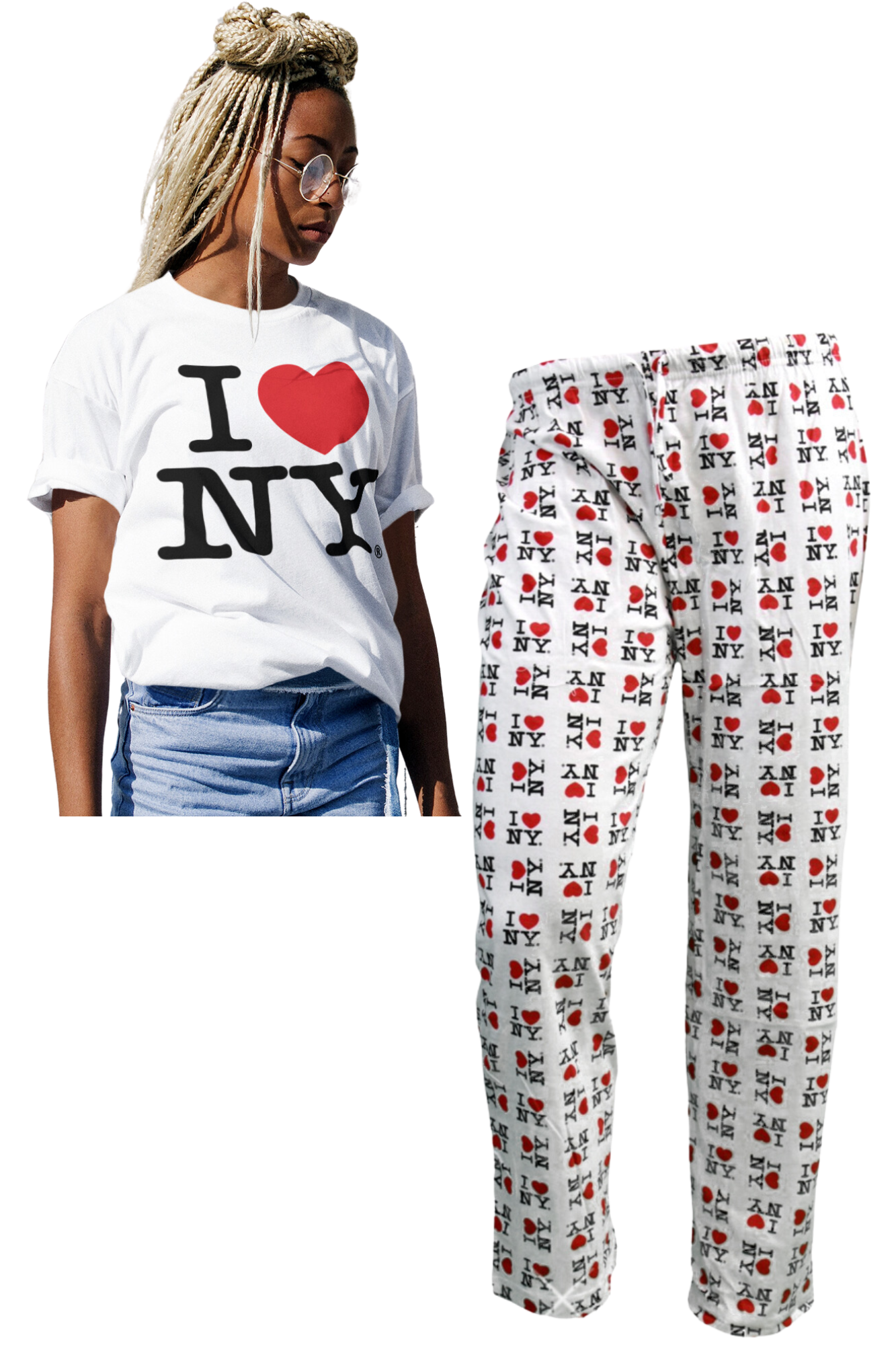 I Love NY Adult Unisex T-shirt and Lounge Pants Set (White)