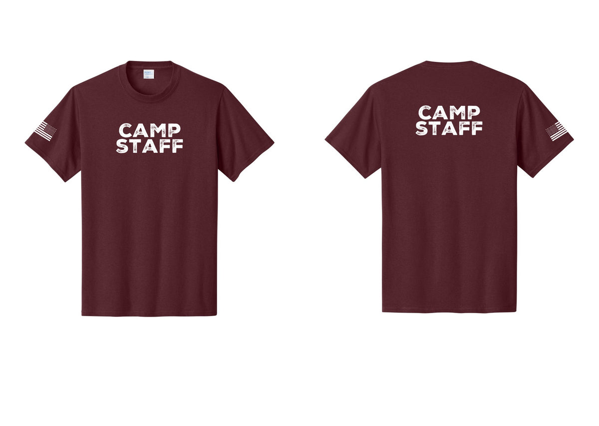 NYC Factory Camp Staff T-Shirt - Front + Back + US Flag Sleeve - Athletic Maroon