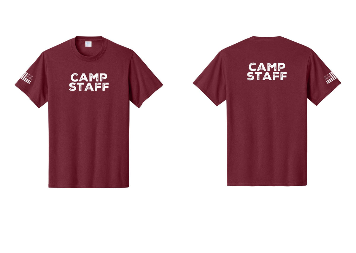 NYC Factory Camp Staff T-Shirt - Front + Back + US Flag Sleeve - Cardinal
