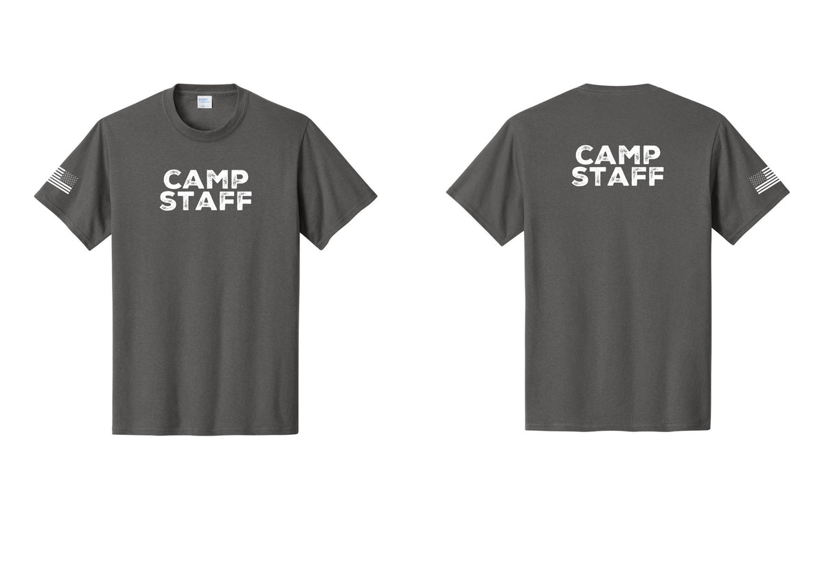 NYC Factory Camp Staff T-Shirt - Front + Back + US Flag Sleeve - Charcoal