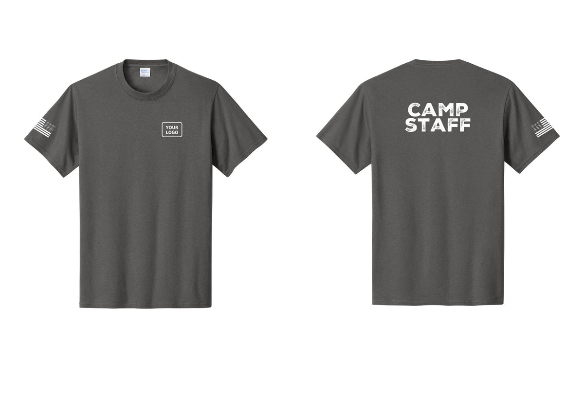 NYC Factory Custom Logo Camp Staff T-Shirt - Your Logo + Back + US Flag Sleeve - Charcoal